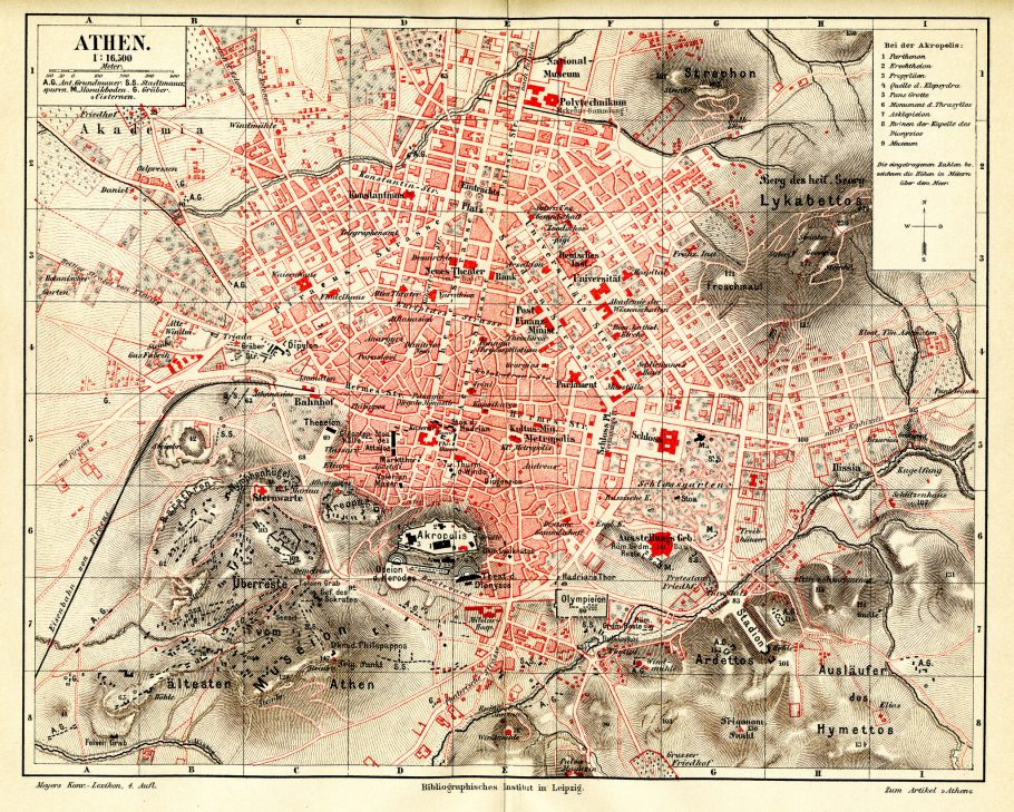 Plano urbano de Atenas, datado de 1884. Imagem extraída enciclopédia alemã Meyers. (Fonte: Martin Baldwin-Edwards/Creative Commons)