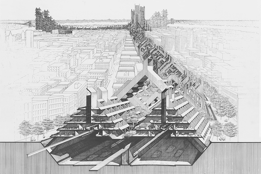 Projeto Lower Manhattan Expressway em perspectiva. Exemplo de ativismo urbano, uma das forma de trabalhar com urbanismo.