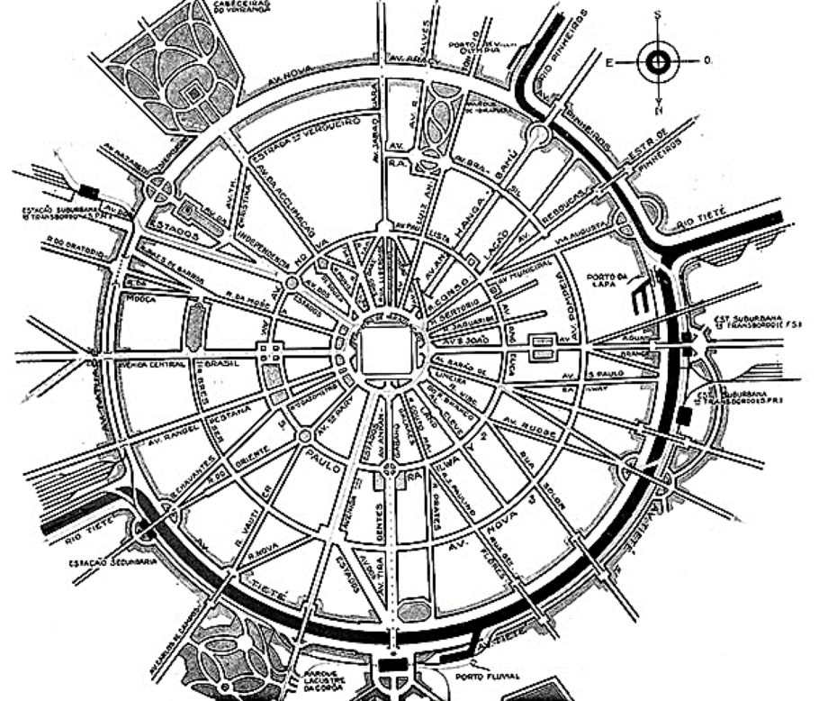 Esquema Teórico para São Paulo no Plano de Avenidas, de Preste Maia e Ulhôa Cintra, inspirados no plano de Saturnino de Brito
