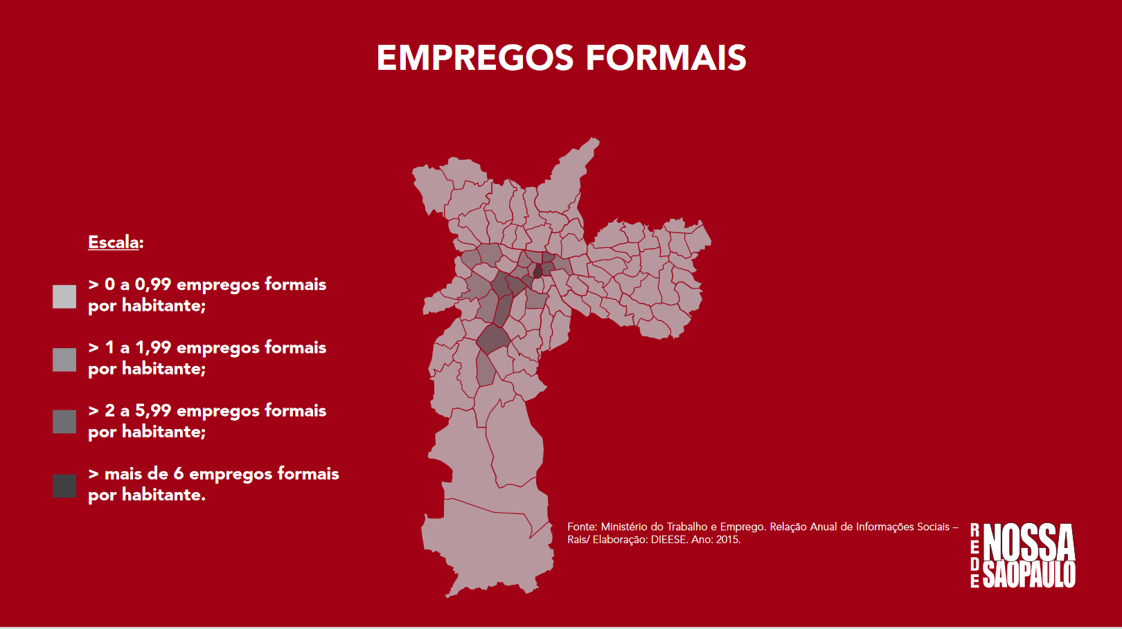 Mapa da distribuição dos empregos formais na cidade de São Paulo.