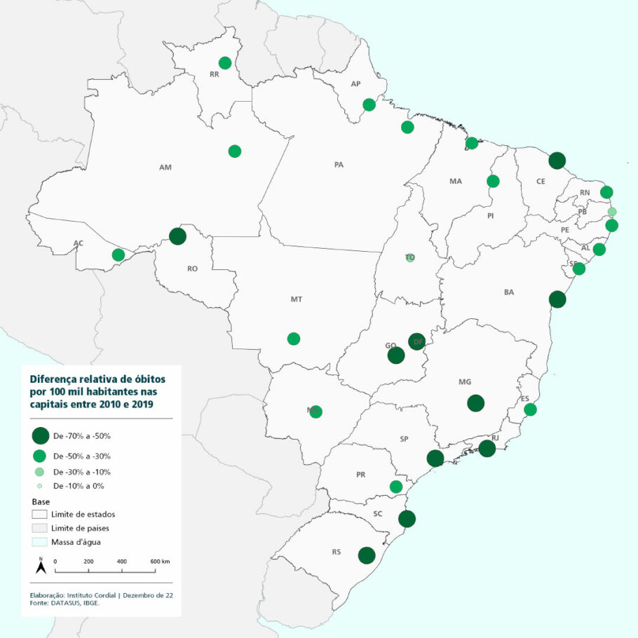 Diferença relativa de óbitos por 100 mil habitantes por capital (2010–2019). (Fonte: DATASUS; IBGE)