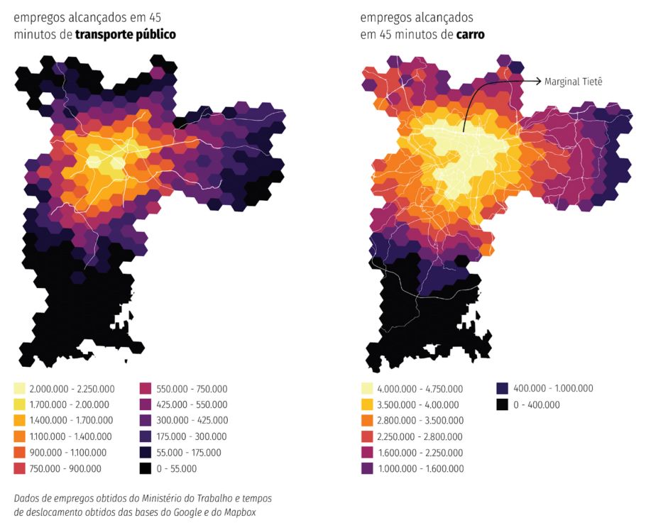 A imagem mostra dois mapas da cidade de São Paulo, um com os empregos alcançados em 45min de carro e outro com os empregos alcançados em 45min de transporte público.