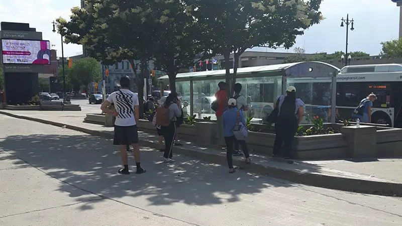 A foto mostra um ponto de ônibus no centro de Winnipeg.