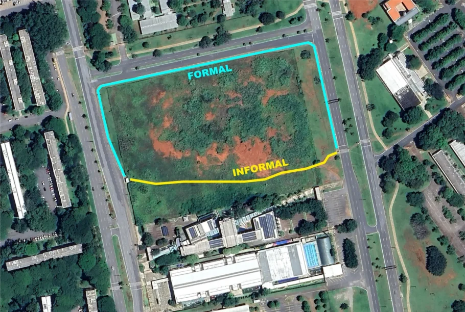 A foto mostra um comparativo entre as distâncias dos caminhos formal e informal.